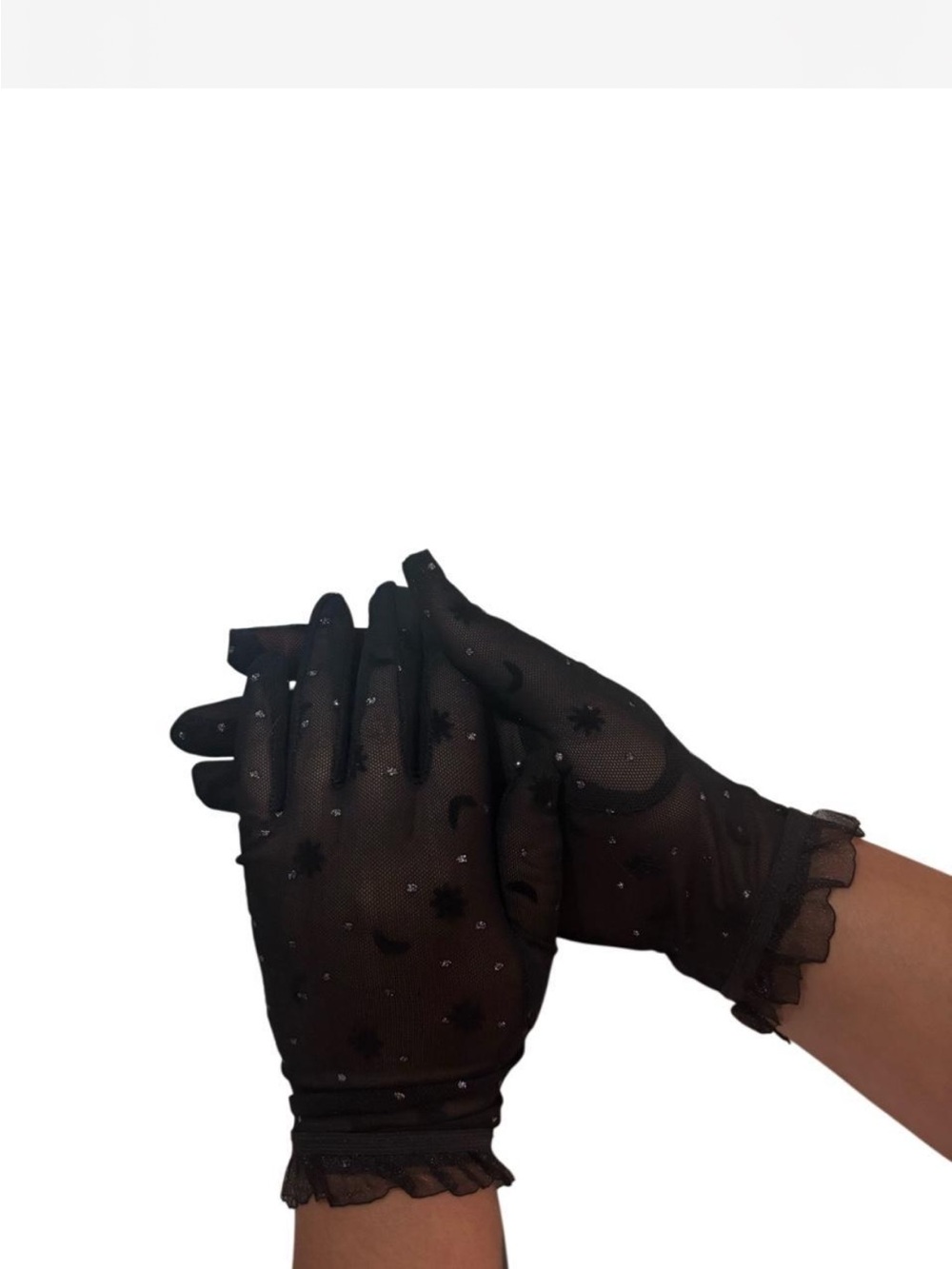 Sheer Black Moon & Star Mesh Gloves with Ruffle Cuff